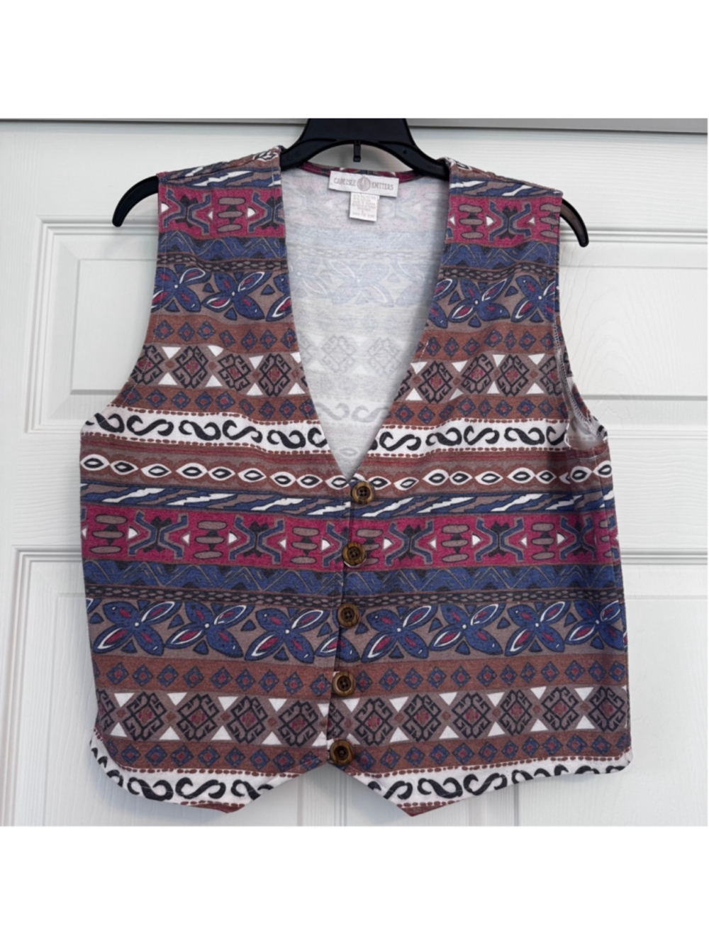 Vintage Women's Cape Isle Knitters Vest Size L Brown Blue Patterned